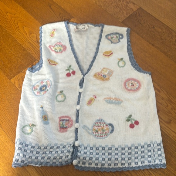 Erika Sweaters - Erika White Knit Vest with Tea Time Embroidered Details